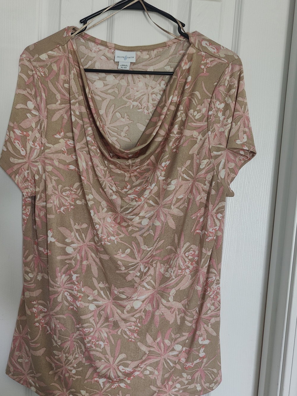 Jaclyn Smith Pink & Tan Floral Cowl Neck Short Sleeve Top